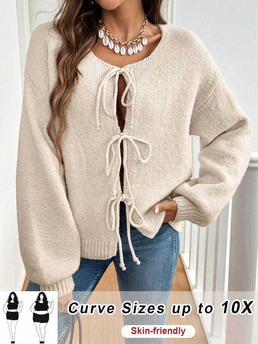 SHEIN CURVE+ Plus Size Dames Effen Kleur Geknoopt Lange Mouw Cardigan, Woon-werkverkeer, Minimalistisch, Kantoorkleding, Oud Geld, Eenvoudig, Dames Effen Geknoopte Voorkant Trui Cardigan, Voor De Winter