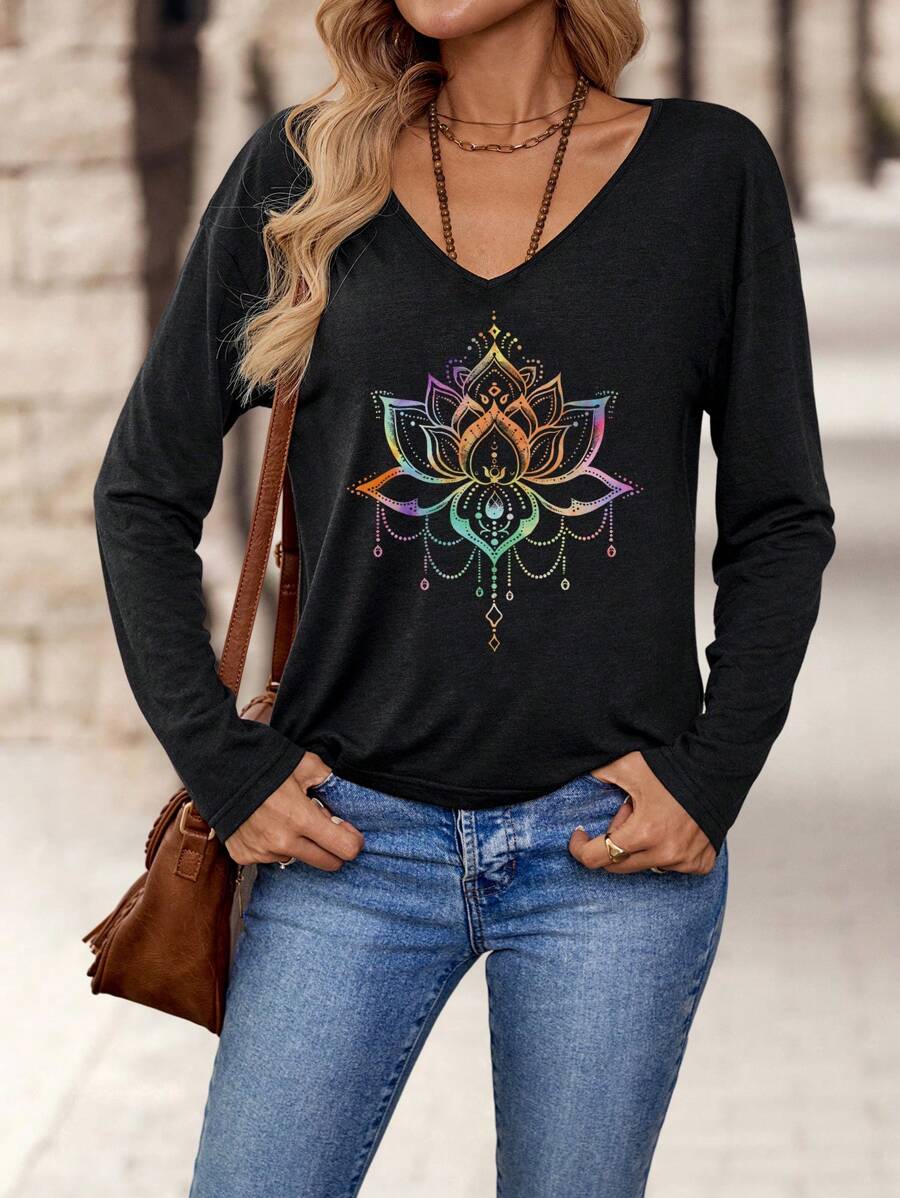 EMERY ROSE Casual Simple Lotus Floral Print V-Neck Long Sleeve Plus Size Black T-Shirt, Spring/Autumn