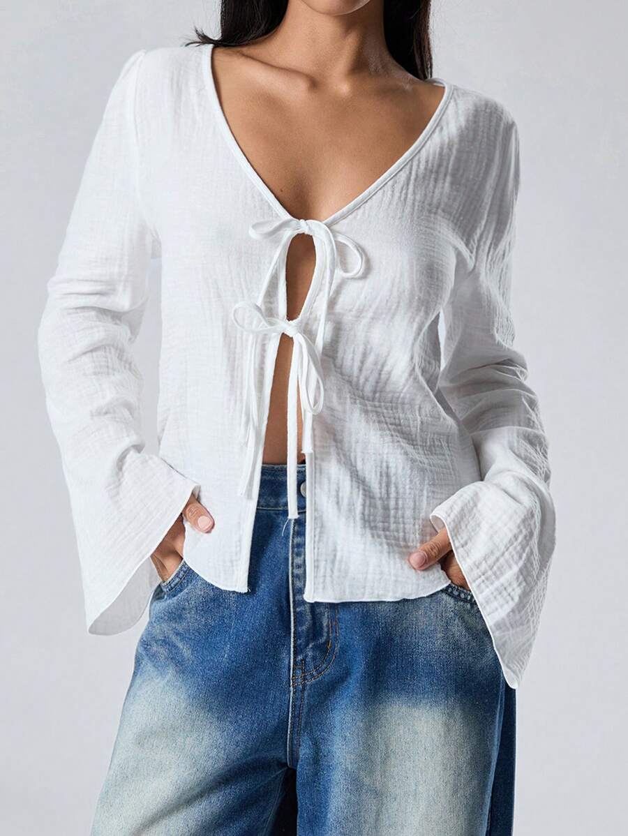 LYSMO Ramadan Women's Solid Color Long Sleeve Casual Tie Front Shirt