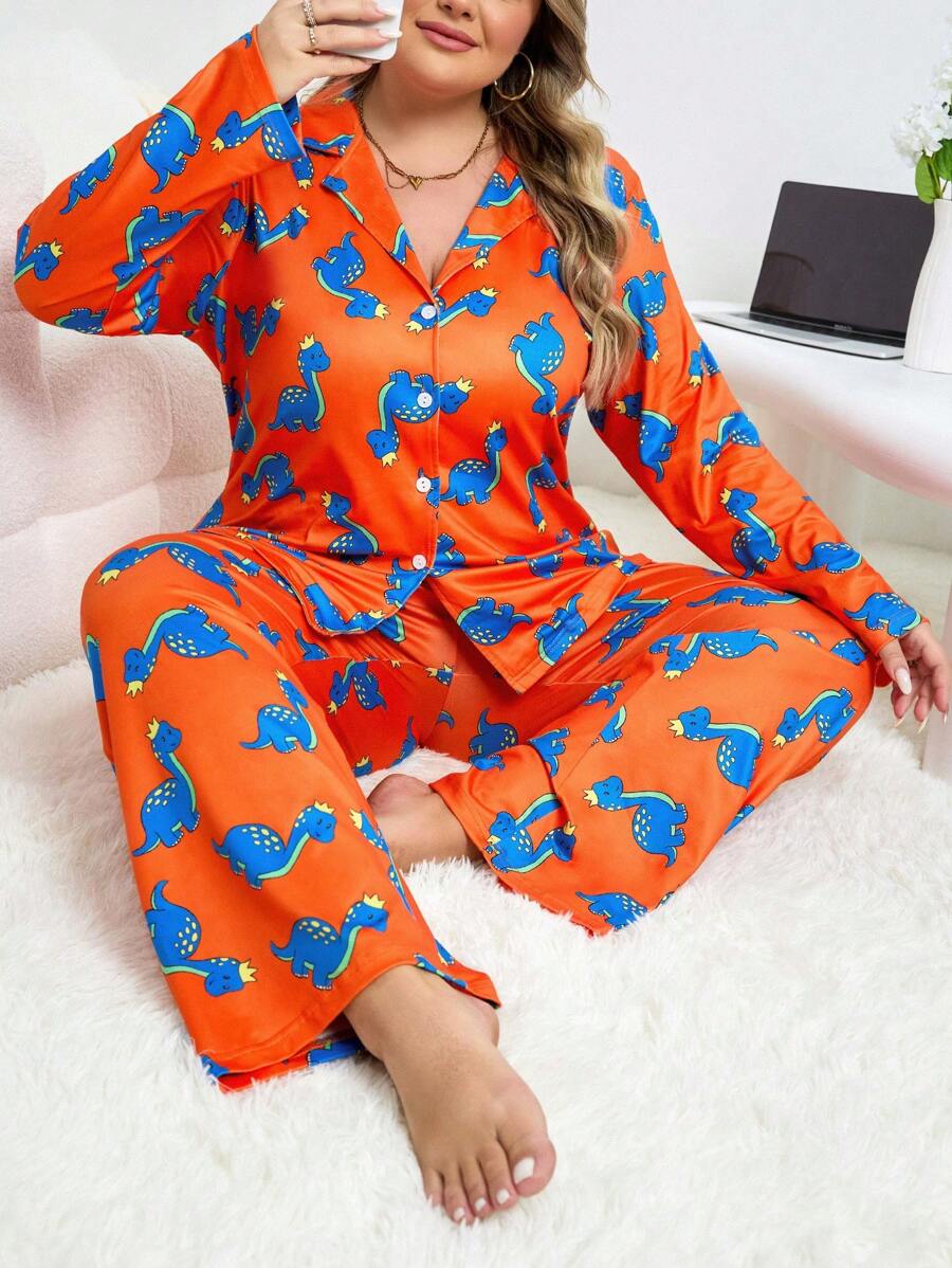 Conjunto de pijama de manga larga con cuello abierto y estampado de dinosaurio, talla grande