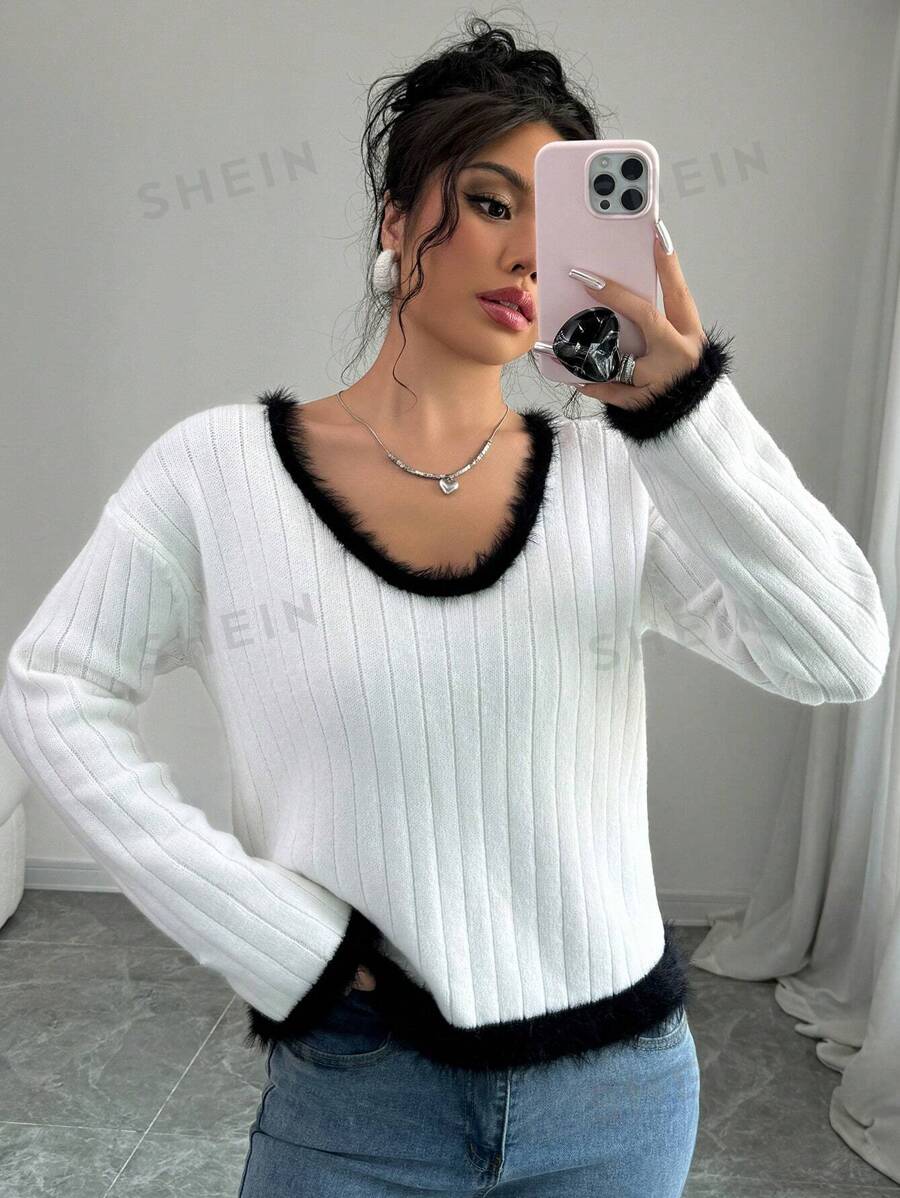 Calvaya Jersey de cuello en V con bloques de color y puños esponjosos de manga larga