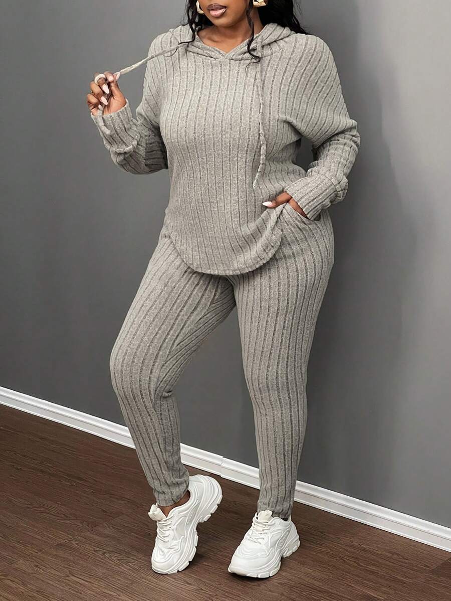 Slaydiva Set de 2 piezas Conjunto de sudadera con capucha elástica acanalada de terciopelo verde oliva y pantalones jogger de talla grande, para otoño/invierno