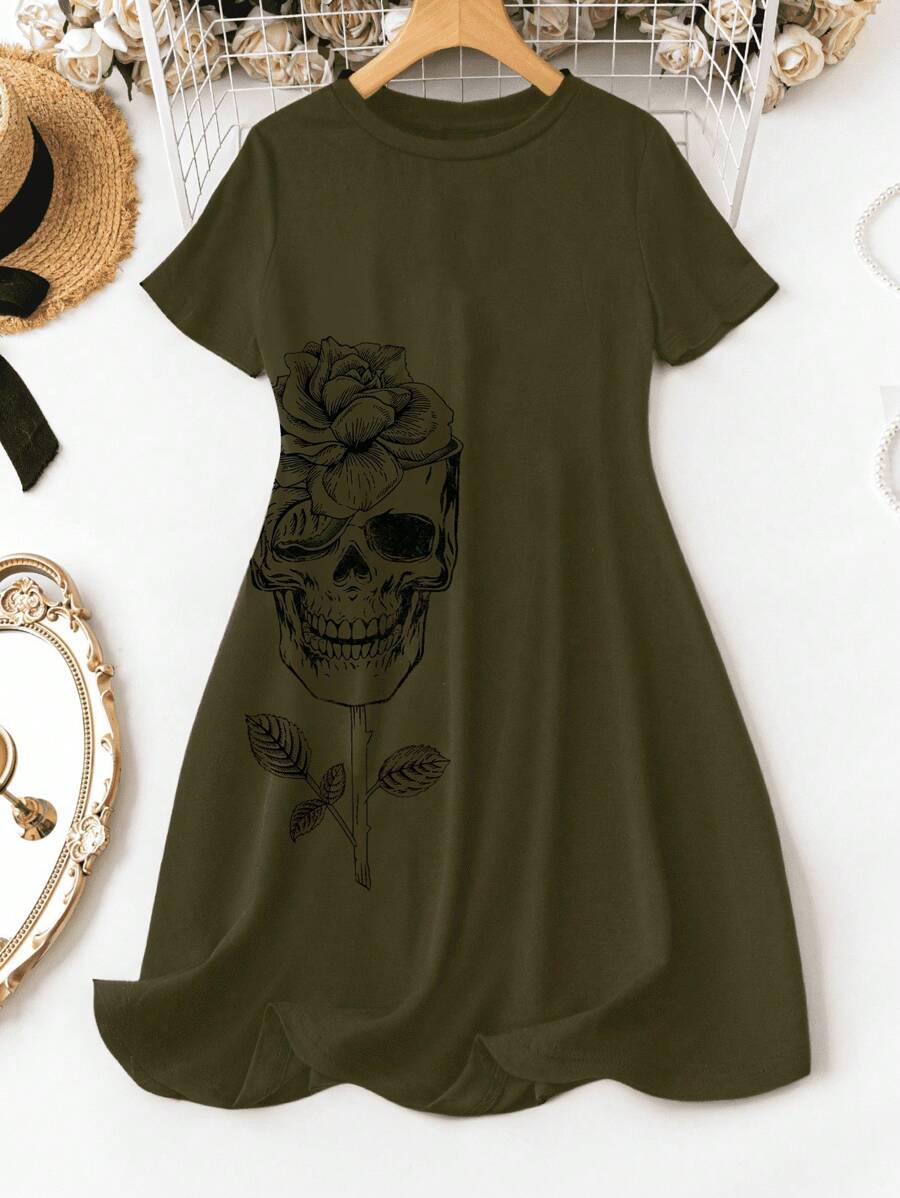 SHEIN LUNE Casual Short Sleeve Mini Skull Printed Loose Plus Size Women's Dress, Summer