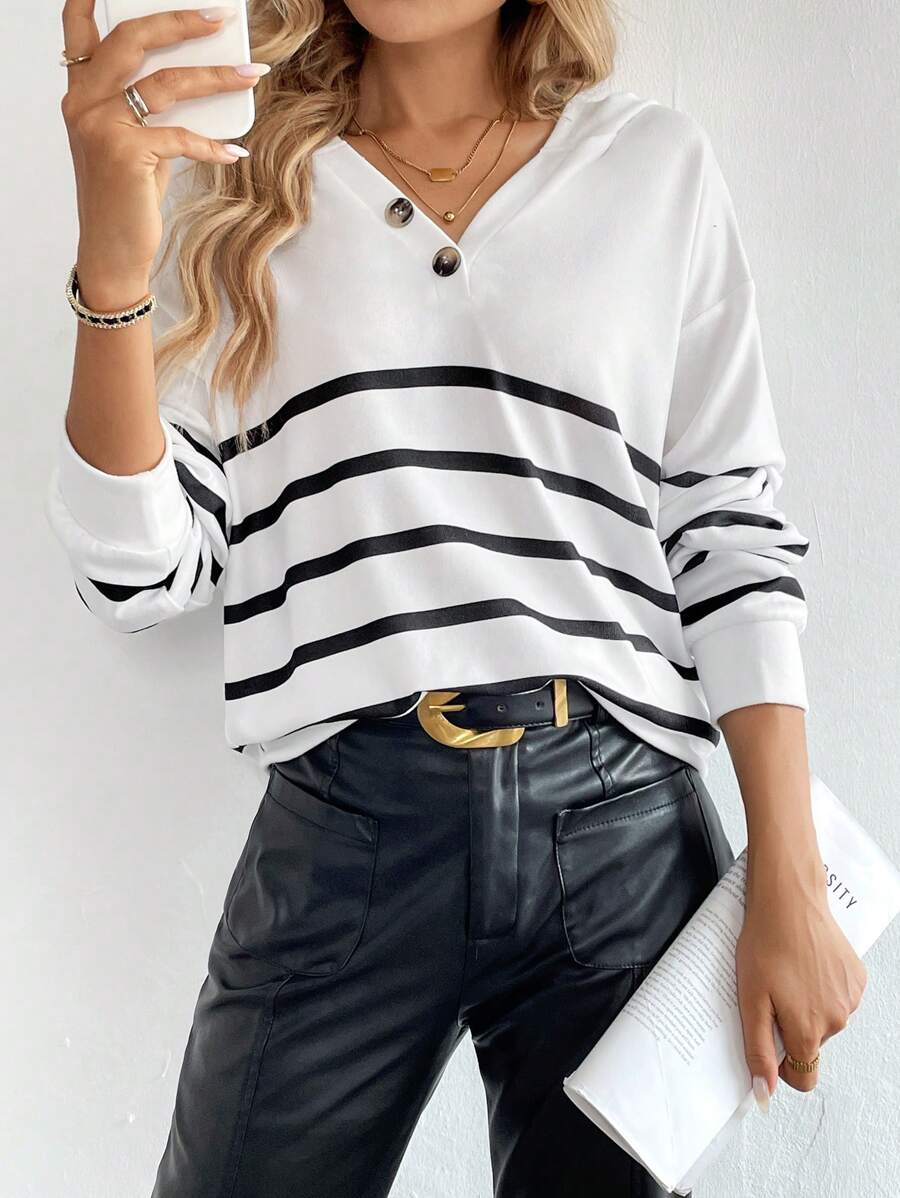 SHEIN LUNE Women's Autumn Striped Dropped Shoulder Long Sleeve Loose Casual Hoodie