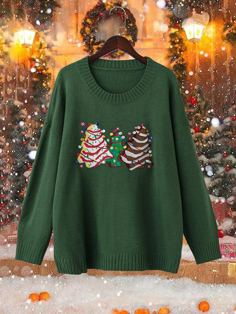 SHEIN LUNE Plus Size Crew Neck Long Sleeve Tree Print Minimalist Sweater Pullover, Casual Daily Wear