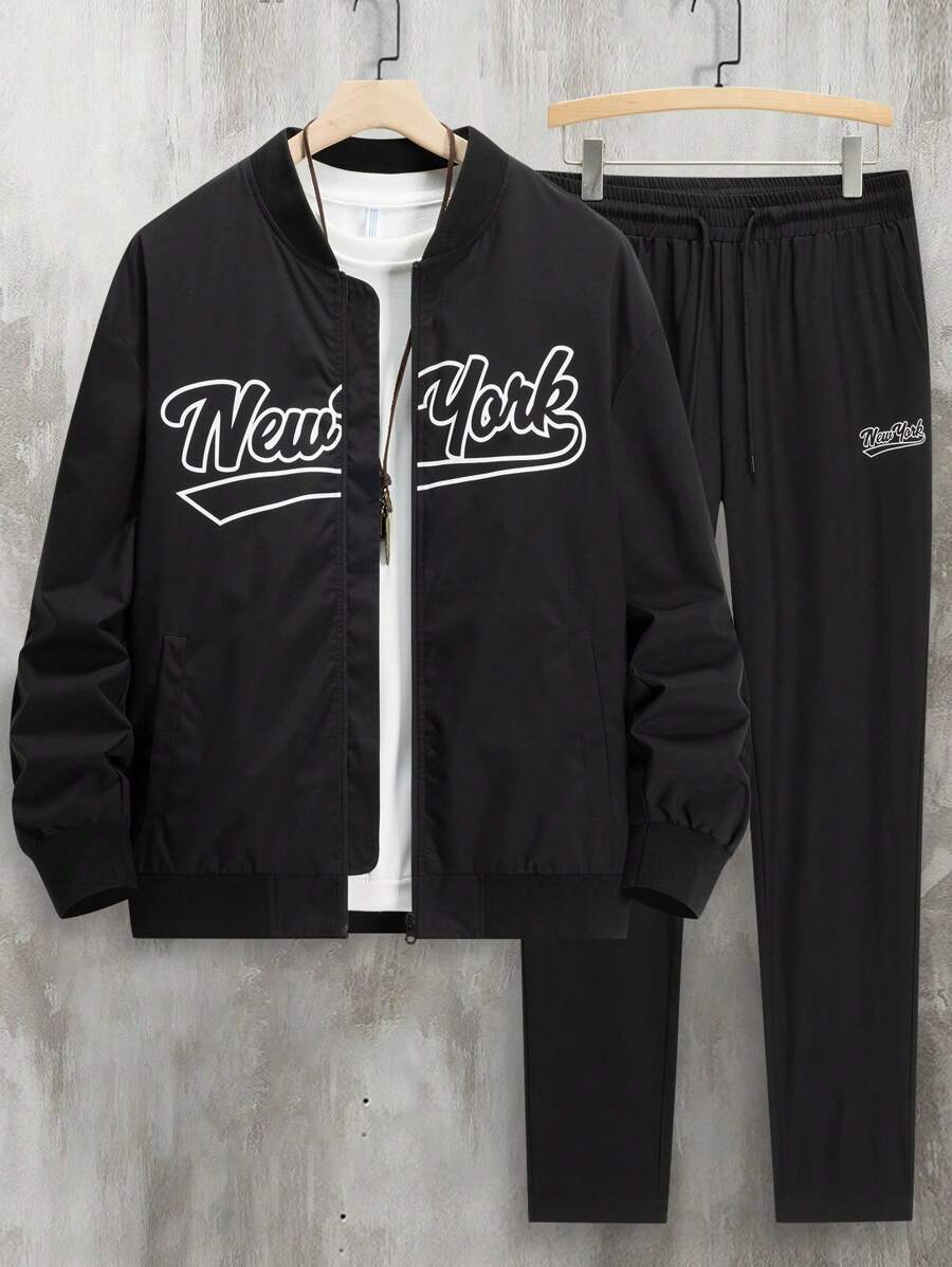 Manfinity Homme Conjunto de chaqueta y pantalones informales con estampado de letras para hombres, otoño