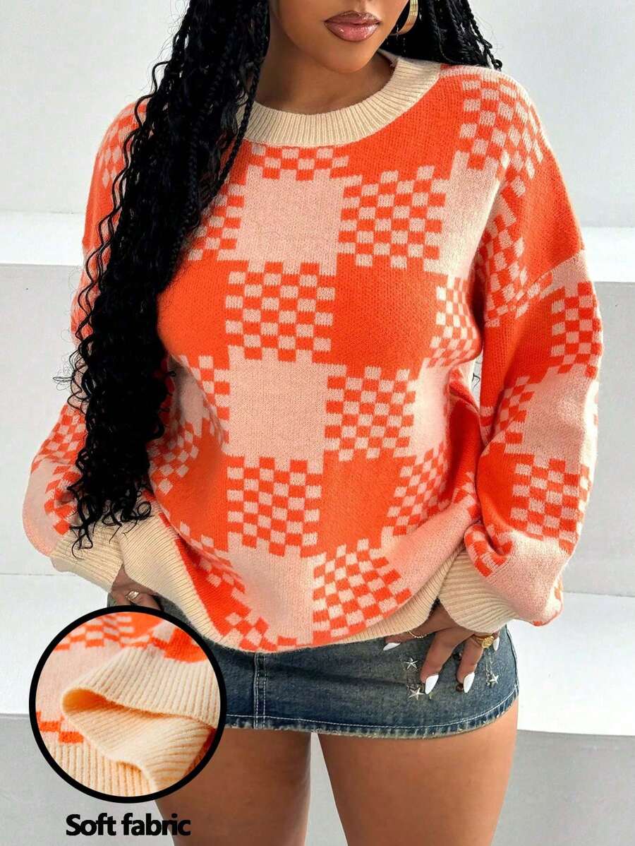 Maweii Plus Size Plaid Printed Crew Neck Casual Long Sleeve Sweater