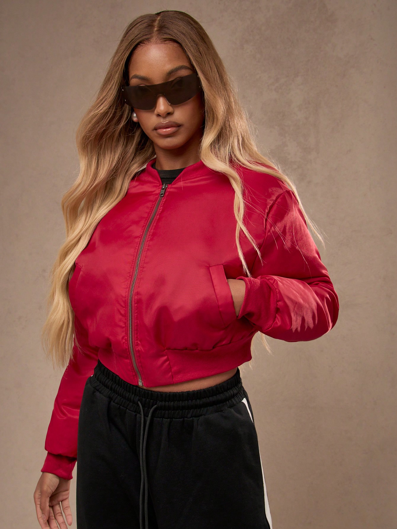 Stylish Cropped Bomber Sport Jacket Ribbed Hem Outerwear