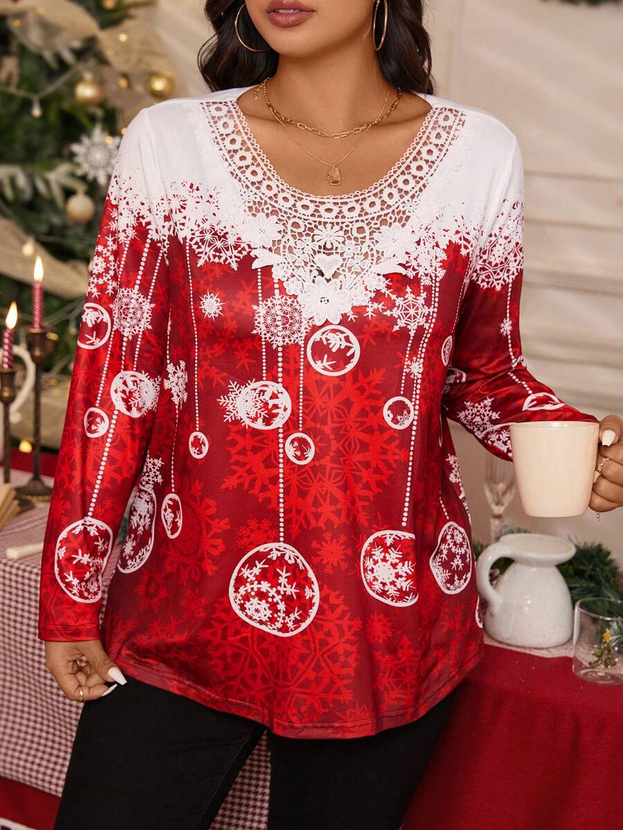 SHEIN LUNE Plus Size Fashion Versatile Colorblock Snowflake Print Collar Splice Lace Trim T-Shirt, Layering Or Standalone Design, Fits Halloween, Christmas, New Year, Valentine's Day, Thanksgiving Party