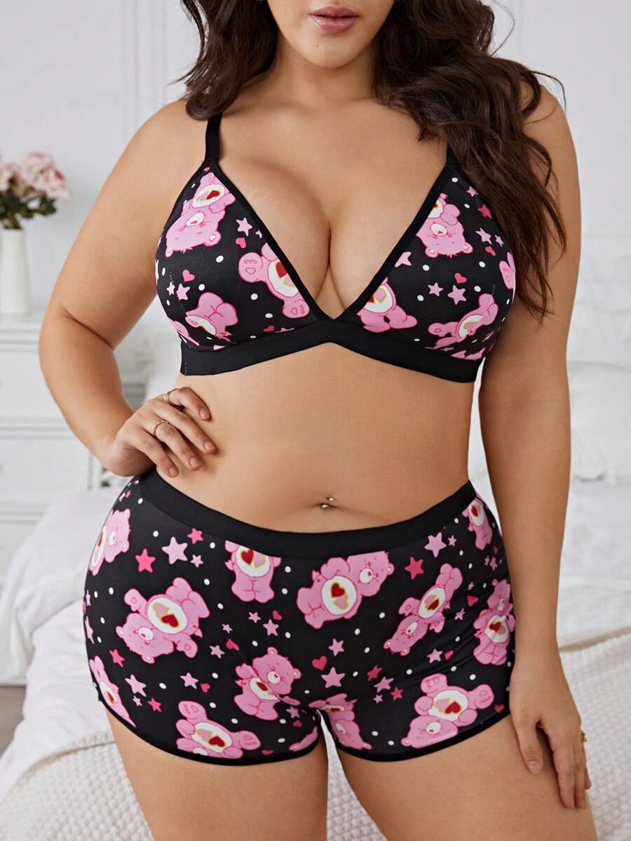 SHEIN X Care Bears Plus Size Black & Pink Sexy & Comfy Bikini Bra And Panty Underwear Set, Kawaii
