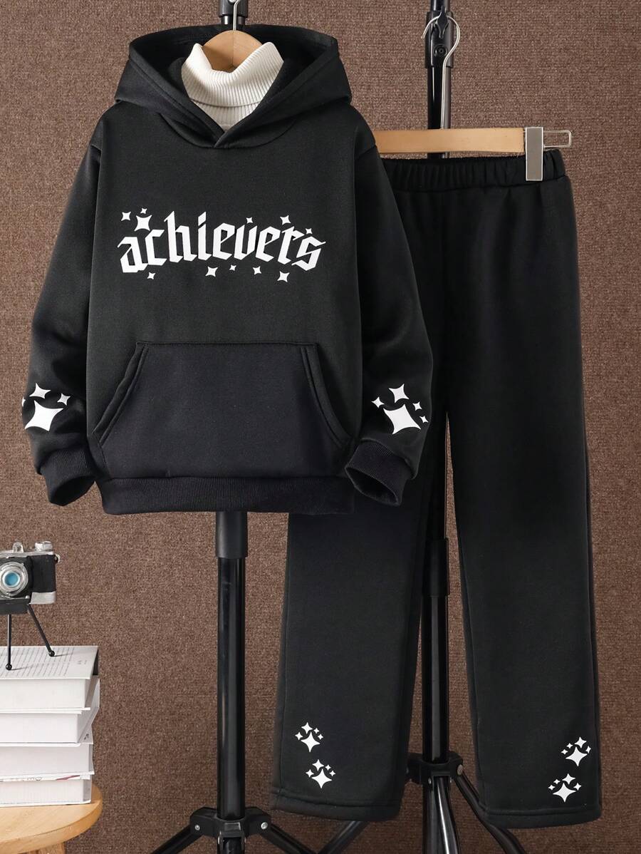 SHEIN Tween Boy Casual Sports Set, Letter Print Hoodie en Sweatpants, Herfst