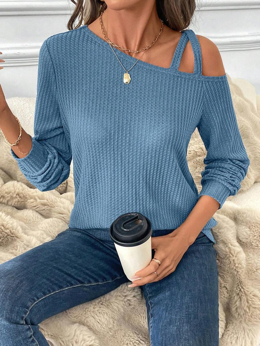 EMERY ROSE Women Casual Asymmetric Collar Spaghetti Strap Lantern Sleeve Waffle Texture Fabric T-Shirt, Elegant And Comfortable For Autumn/Winter