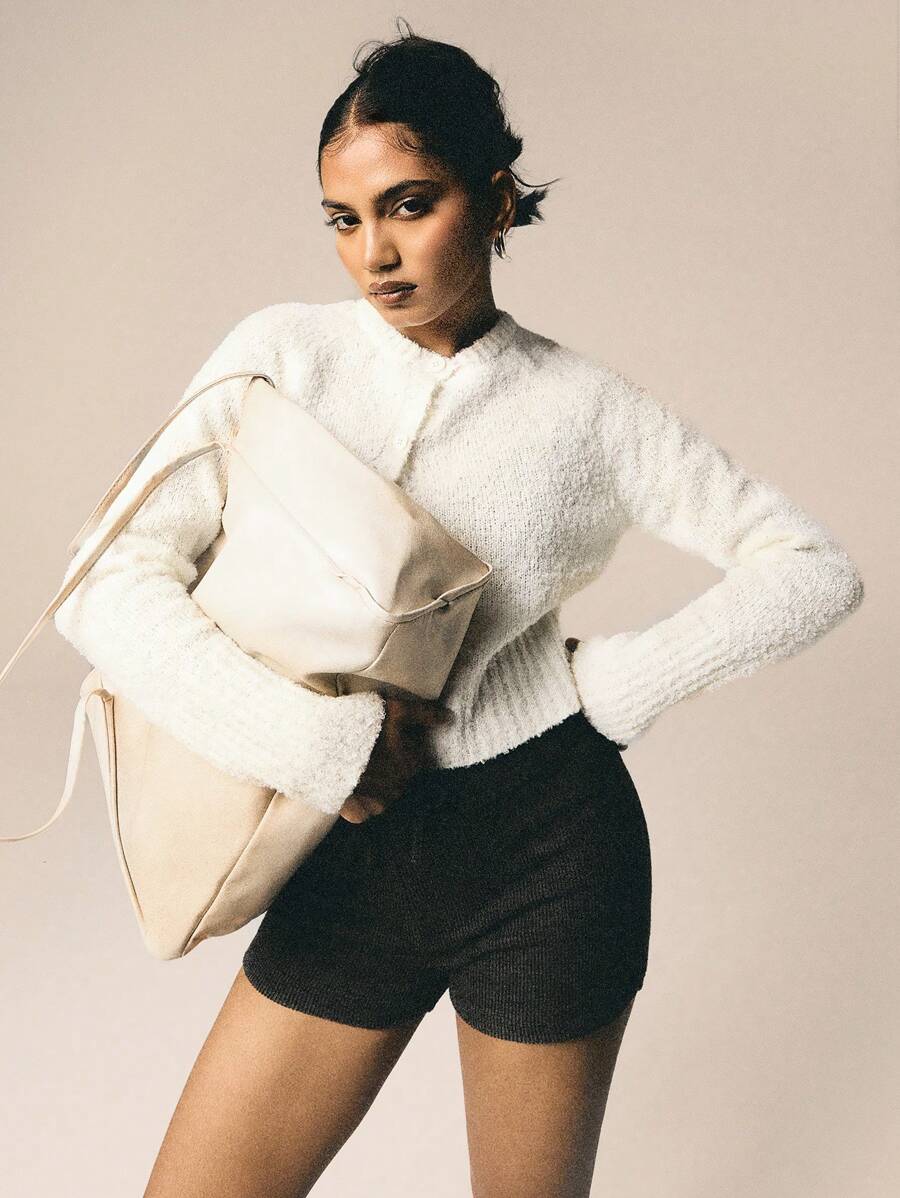 Athîral Cardigan court à col oblique de couleur unie décontracté pour femmes, automne/hiver