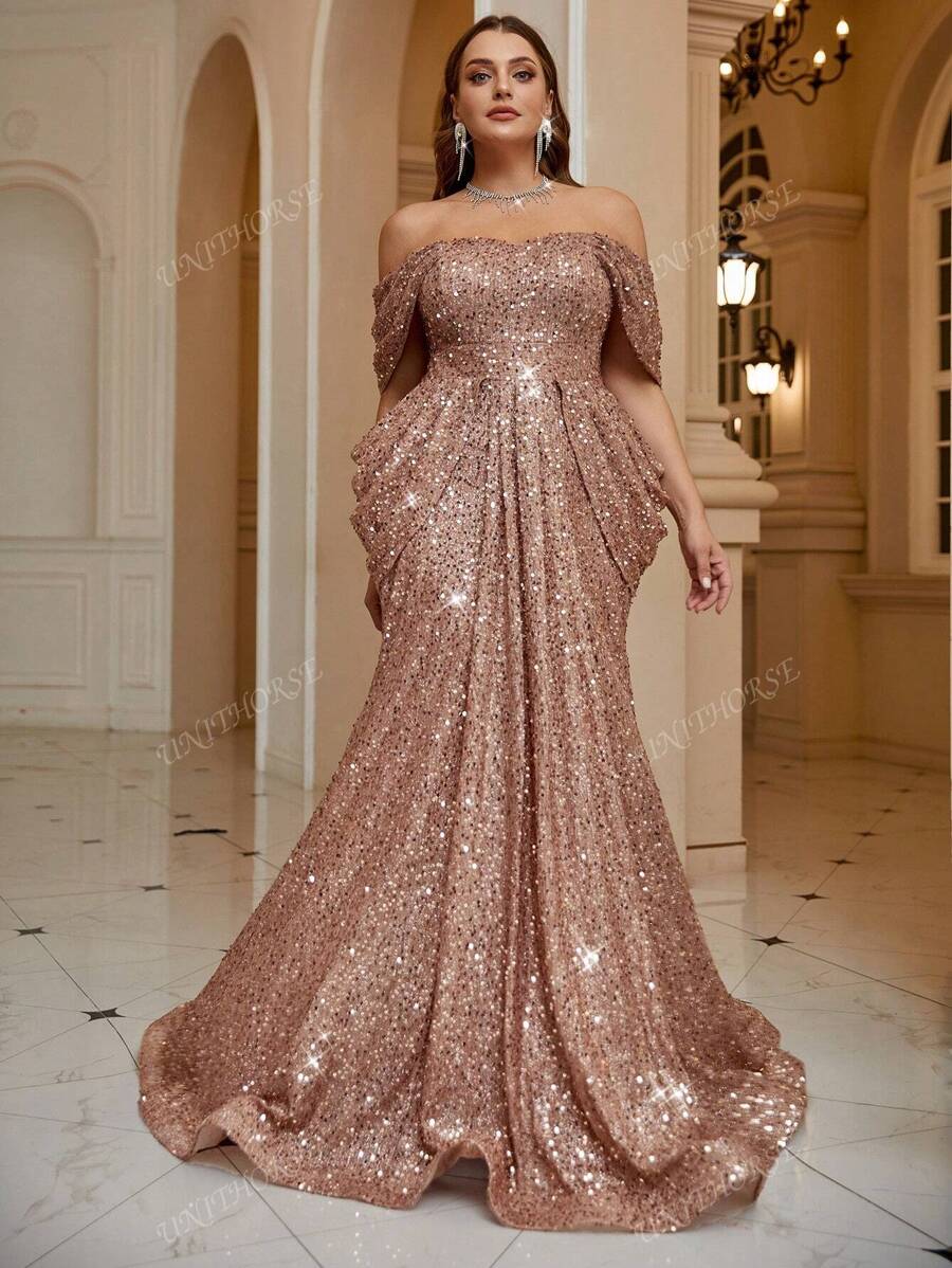 Vestido de noche largo hasta el suelo con diseño de cola de sirena, de cintura alta, con espaldas descubiertas, cruzado y plisado, con lentejuelas, para talla grande, para fiesta de graduación, cena, boda, cumpleaños u ocasiones formales