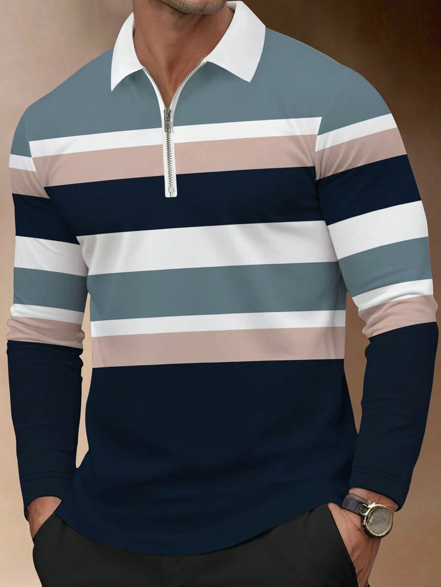 Manfinity Homme Men's Spring Summer Stripe Long Sleeve Casual Commuter Polo Shirt