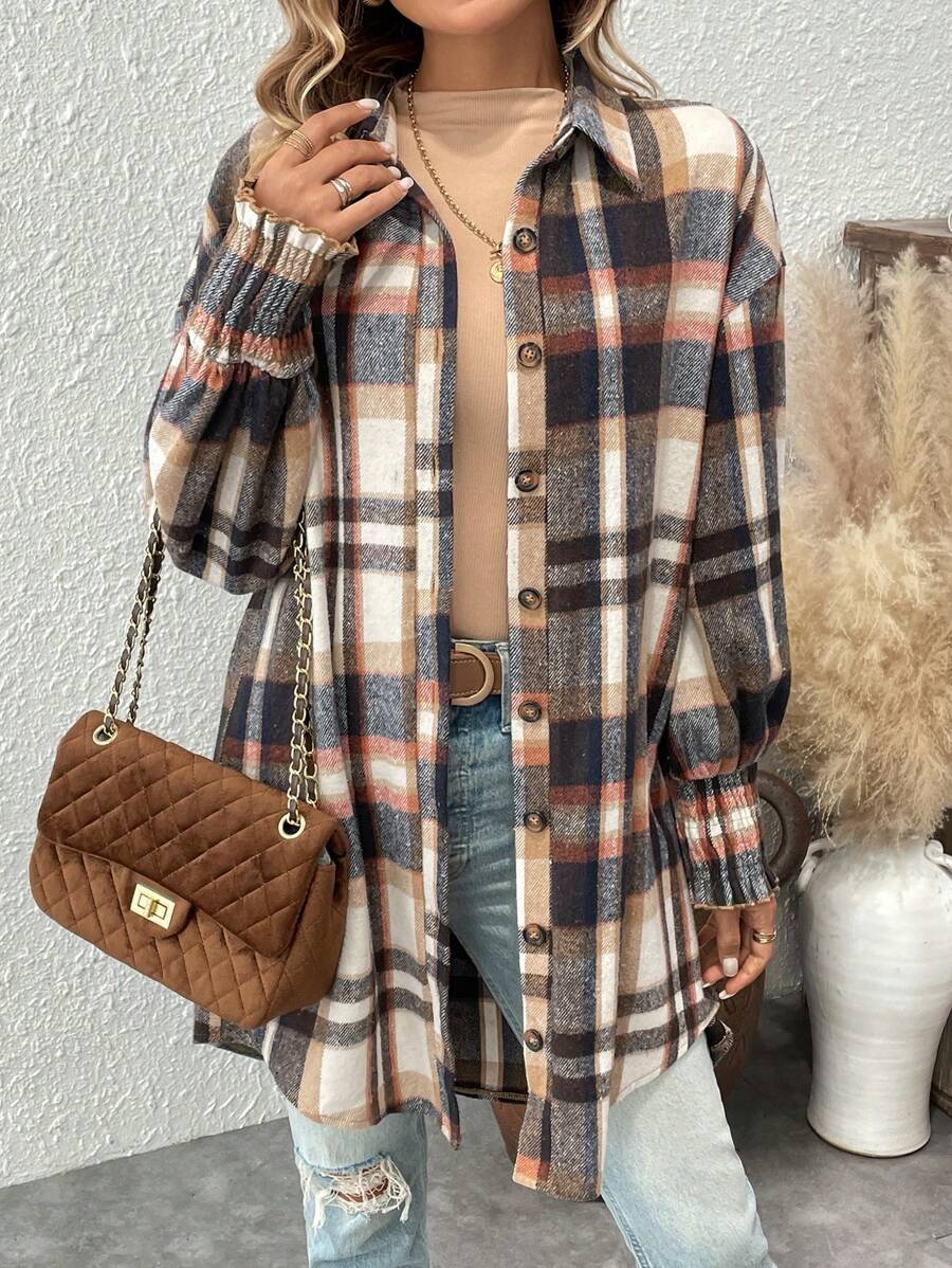 SHEIN LUNE Robe-chemise casual à carreaux avec boutons devant pour femmes, automne
