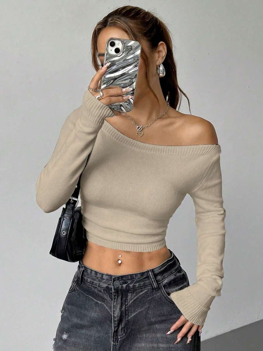 Flirla Minimalist Casual Versatile Women's Asymmetric Neckline Long Sleeve Sweater