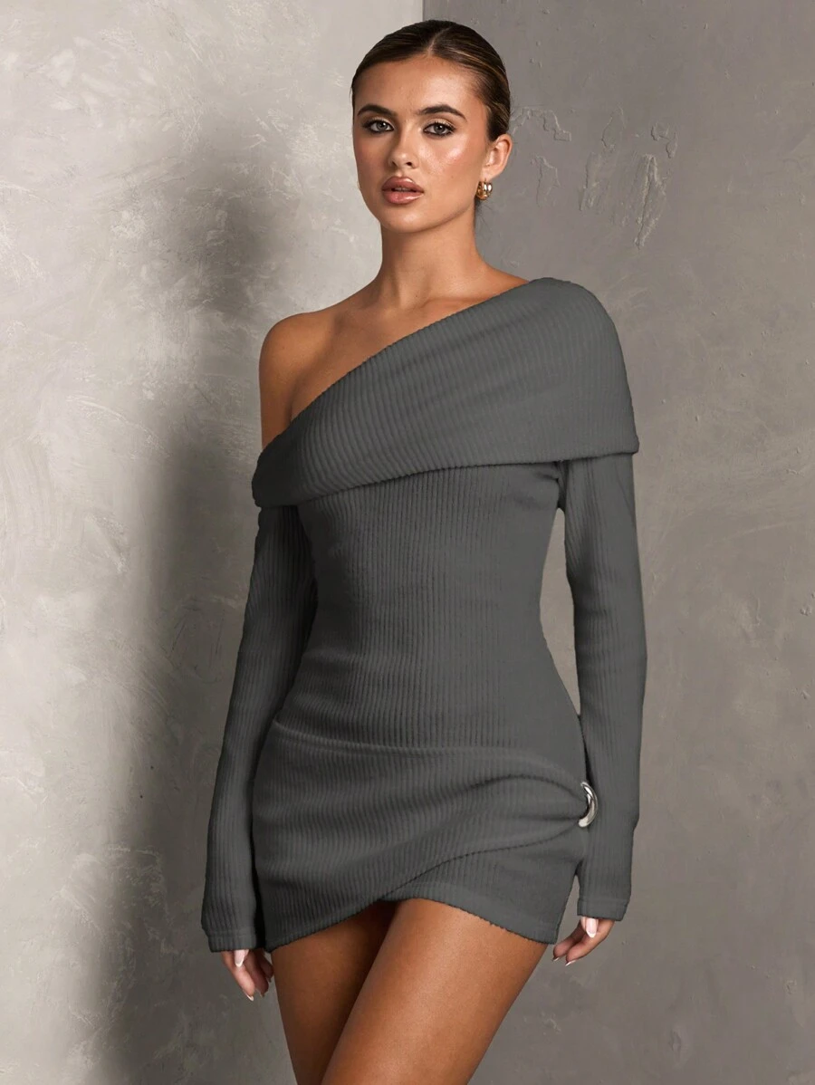 SHEIN BAE Women's Solid Color Asymmetric Neck Long Sleeve Elegant Mini Dress, Autumn