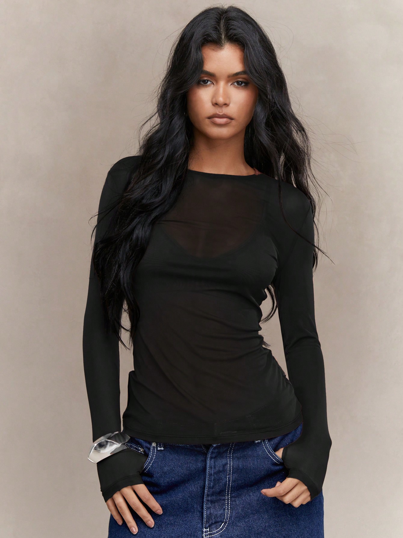 MISSGUIDED Long Sleeve Mesh Top With Fitted Design