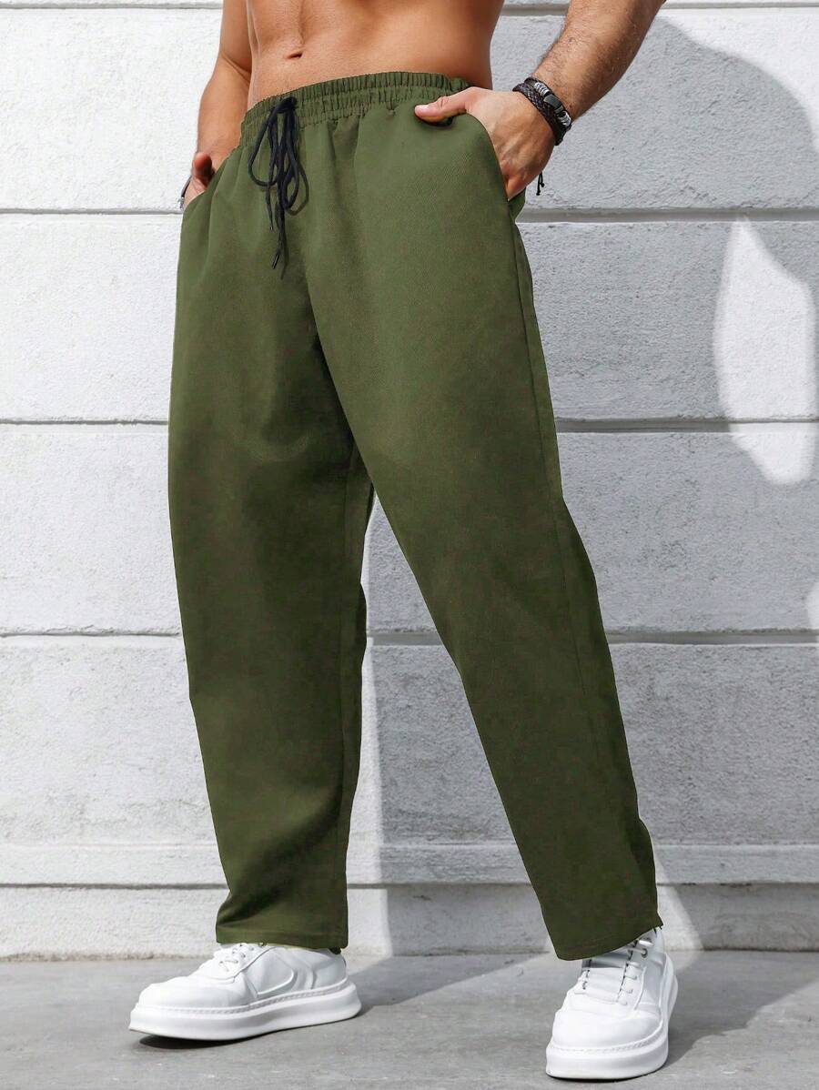 Manfinity Homme Heren Plus Size Casual Effen Kleur Trekkoord Taille Schuine Zak Losse Rechte Broek