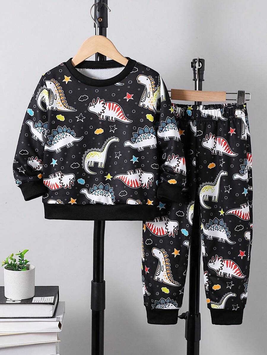 Conjunto de sudadera de cuello redondo con estampado de dinosaurios y pantalón jogger de cintura elástica informal para niño, para primavera/otoño