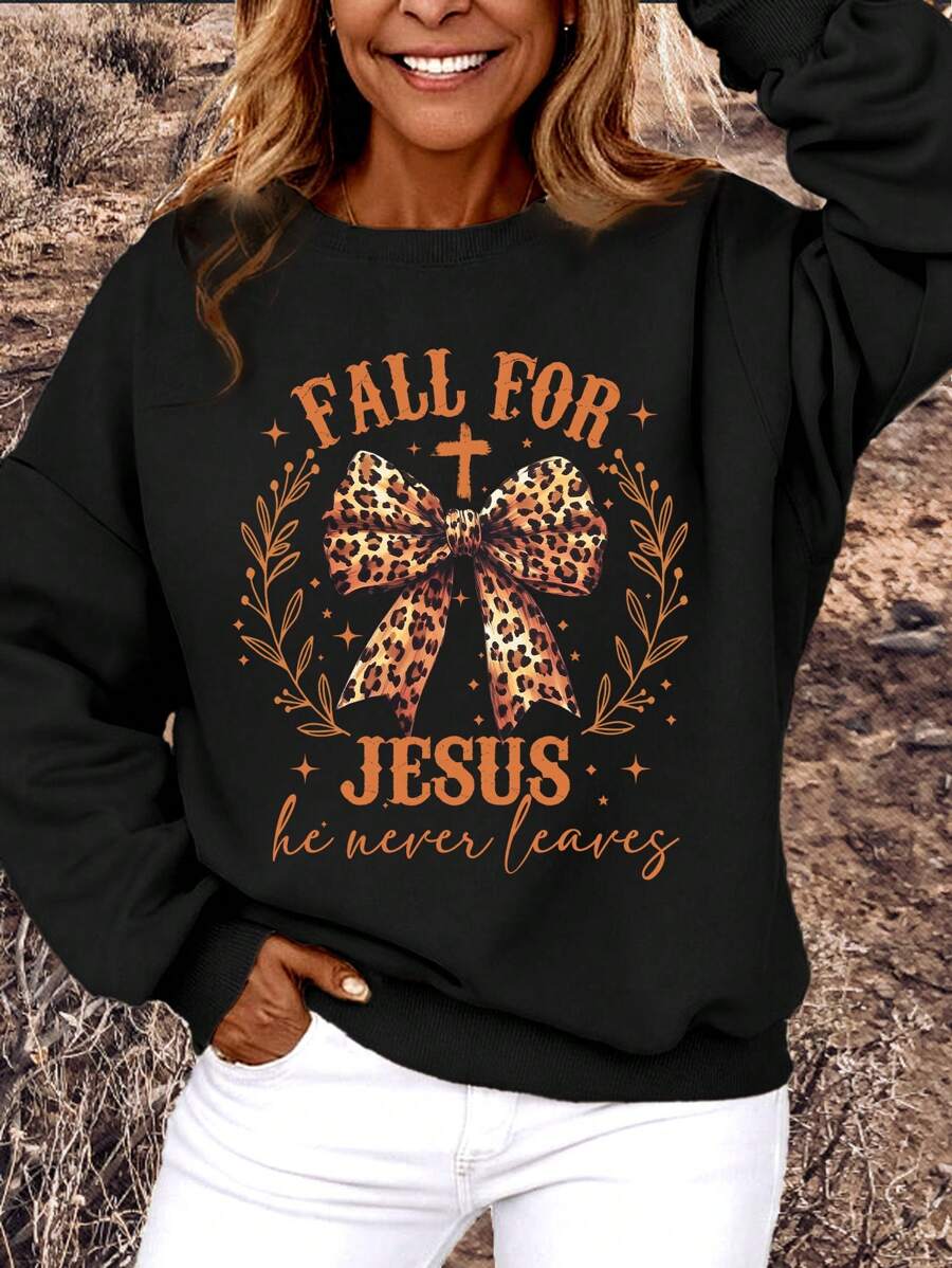 SHEIN LUNE Casual "FALL FOR JESUS" Leopard Print Bow Graphic Round Neck Long Sleeve Loose Fit Thick Hoodie Sweatshirt For Women, Suitable For Spring, Autumn & Winter