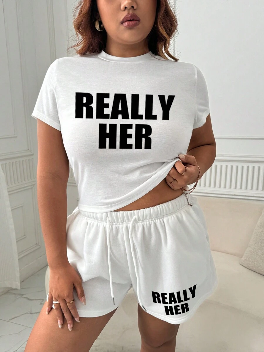 INAWLY Plus Size Ronde Hals Korte Mouw Letter Print Eenvoudige Blouse En Shorts 2-delige Set