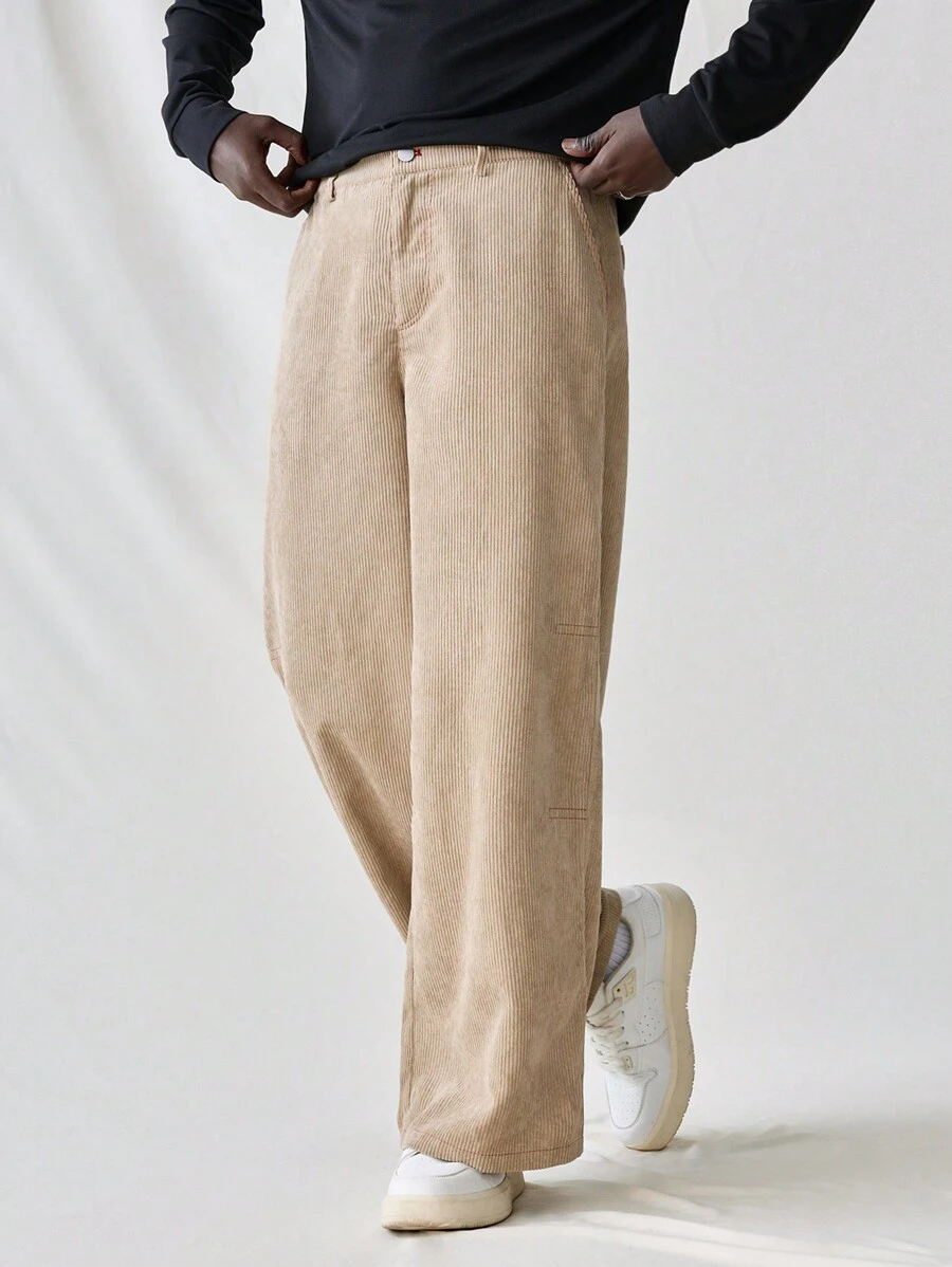 Manfinity VCAY Men's Woven Casual Pants, Elastic Waist Relaxed Fit Straight Leg Solid Color Trousers