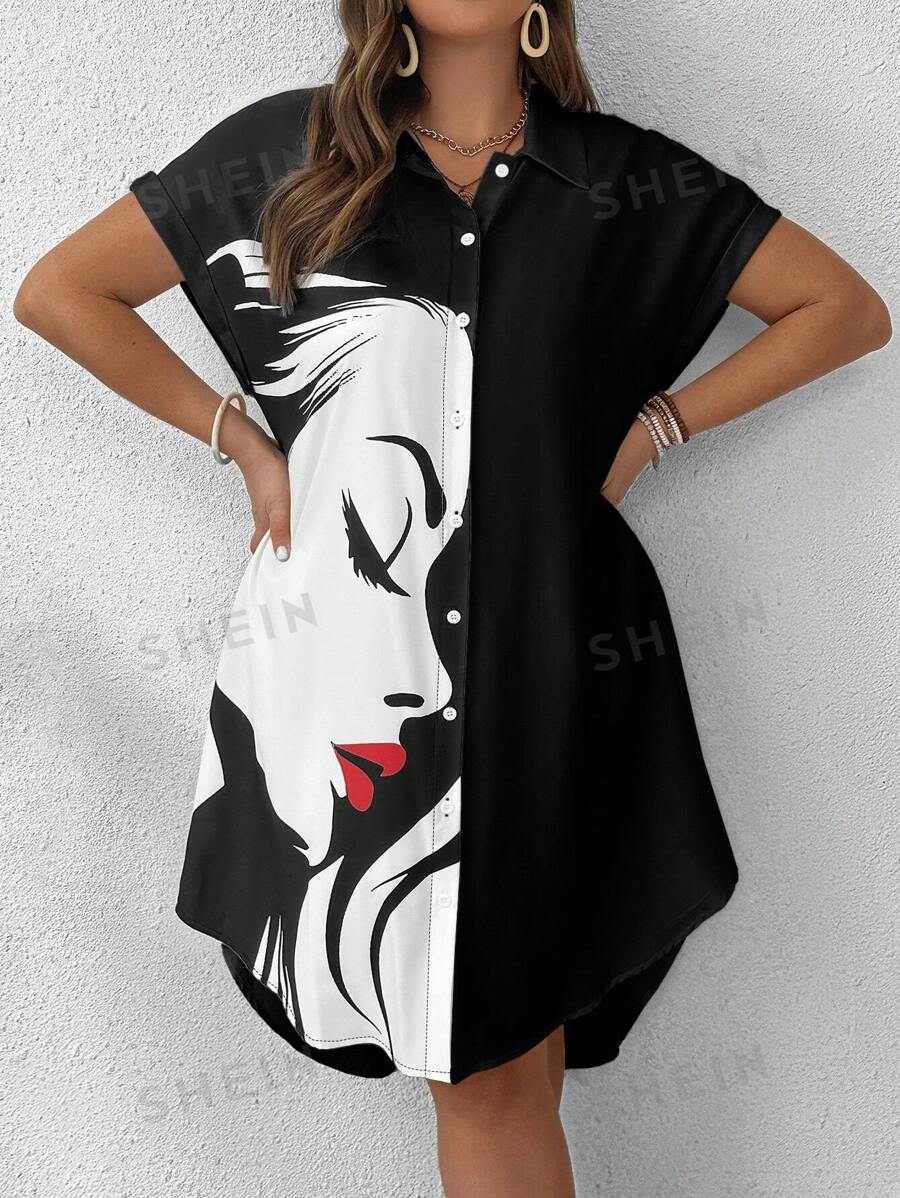 SHEIN LUNE Stil cămașă Portret de buze roșii și profil, cu nasturi, cu mânecă scurtă, guler, contrast, rochie de mărime mare, pentru vară