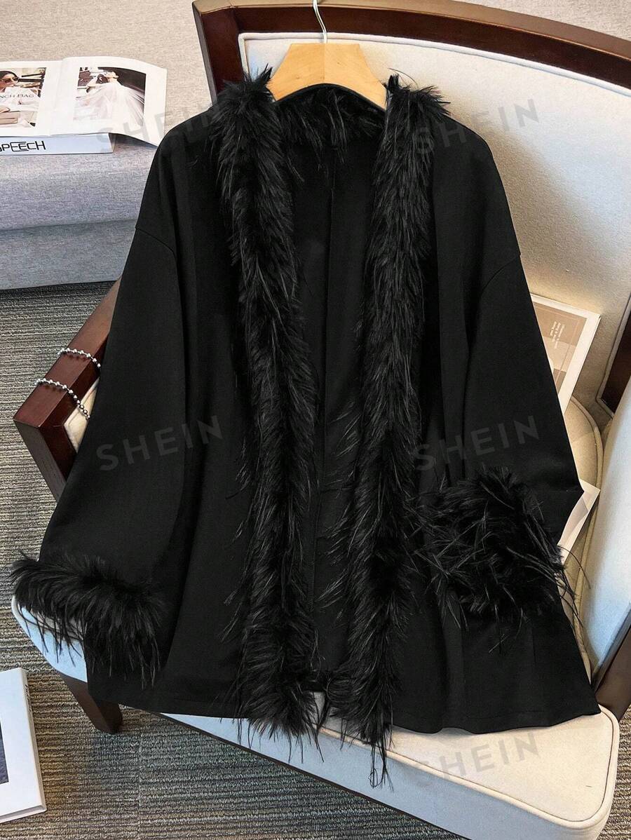Chaqueta holgada para mujer de talla grande, de unicolor con parches, de hombros caídos y esponjosa