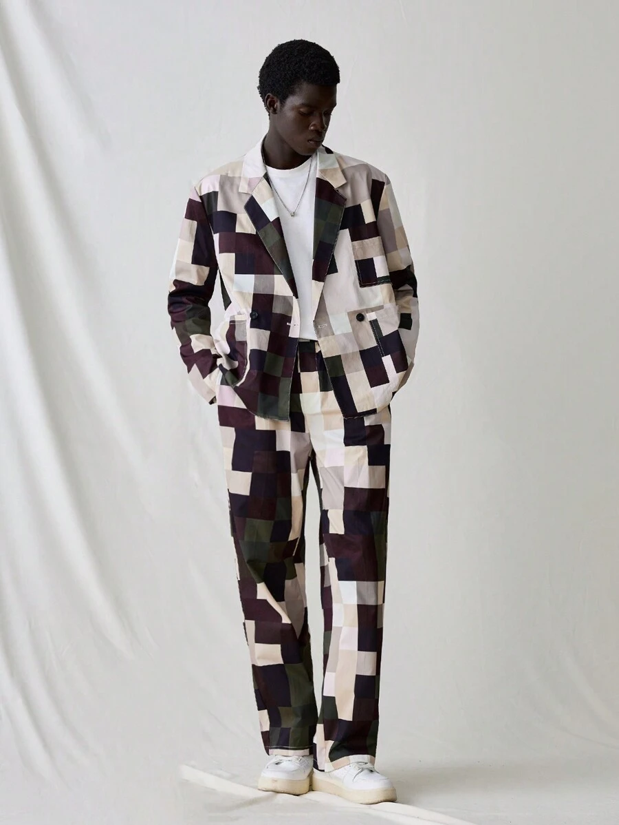 Manfinity VCAY 2pcs/Set Men's Fashion Young Casual Pixel Plaid Loose Long Sleeve Jacket And Elasticated Waist Straight Trousers Suit