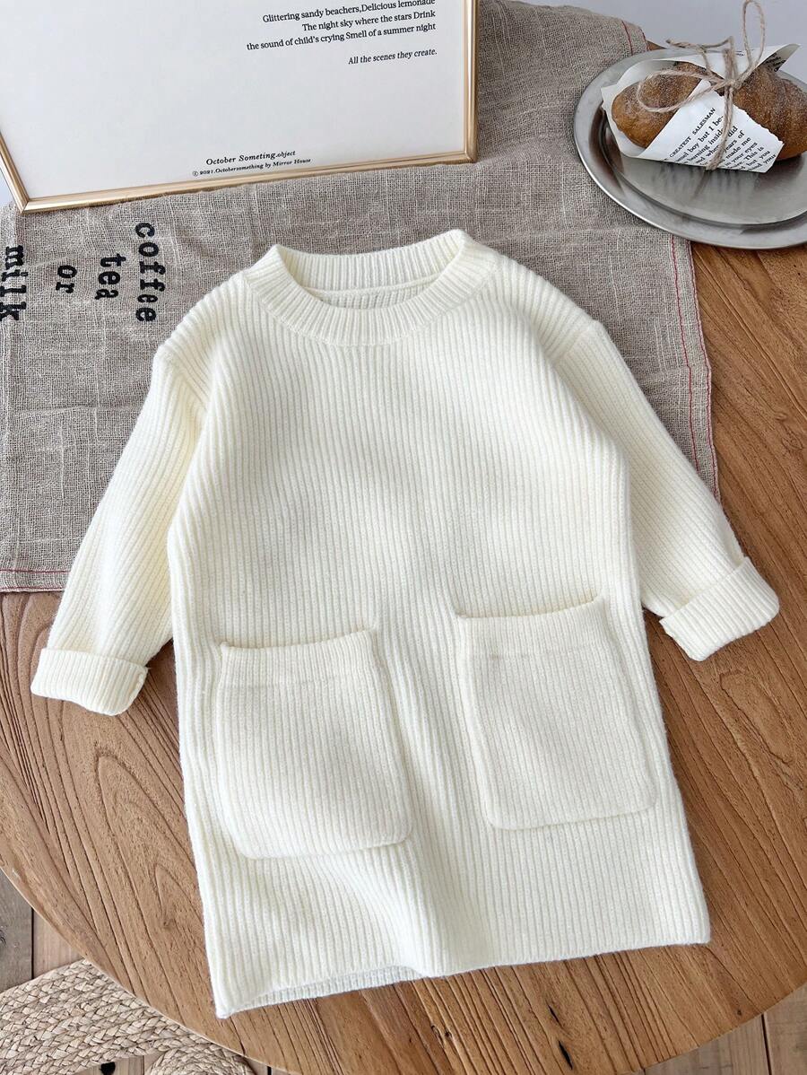 SHEIN LMoss Kids LMoss Baby Girl Cute Minimalist Beige Long Sleeve Sweater Dress, Autumn/Winter