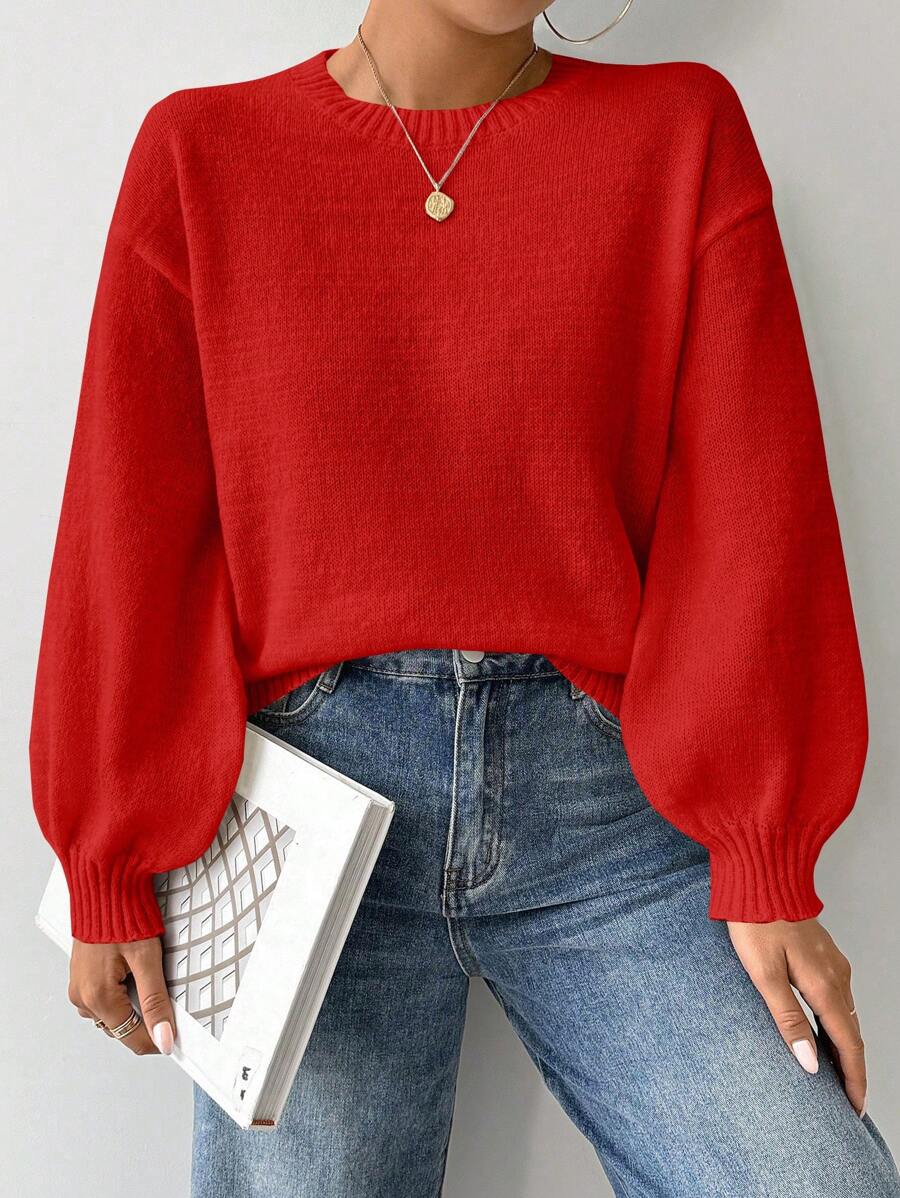 Chiquease Loose Round-Neck Lantern Sleeveharmony Drop Shoulderknitted Sweater For New Year Clothes,Long Sleeve Tops