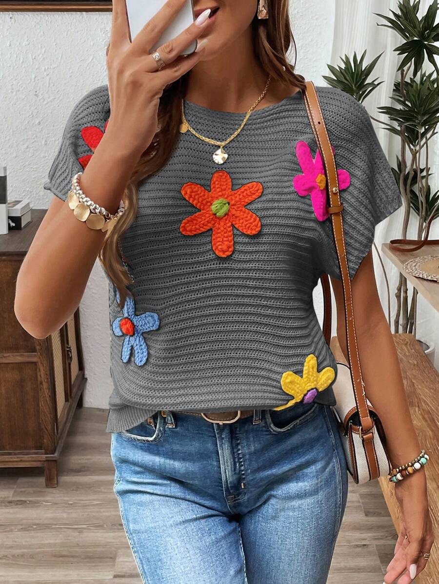 SHEIN LUNE Colorful 3D Floral Knitted Casual Summer Top For Women