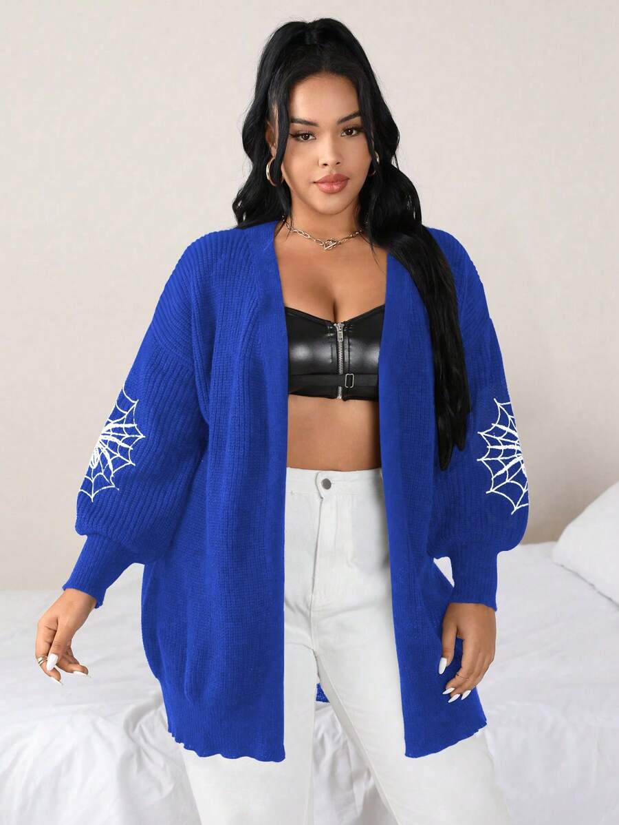 Flirla Pull ample et ample pour femmes grande taille, manches de lanterne d'Halloween avec broderie d'araignée, design Top de gamme, cardigan extérieur unicolore