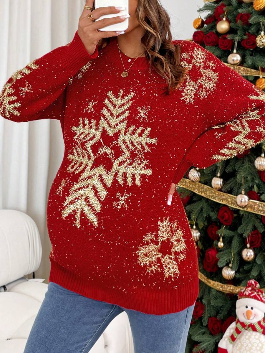 SHEIN Scoop Neck Oversized Christmas Sparkly Snowflake Knitted, Snowflake Knitted Sweater, For Maternity, For Winter