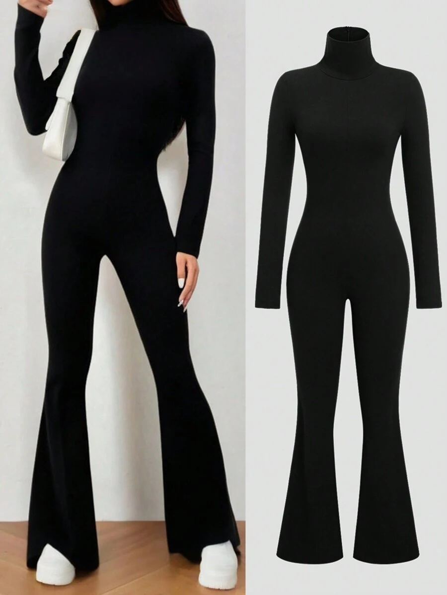 Flirla Mono negro de cuello alto con abertura, ceñido y con vuelo