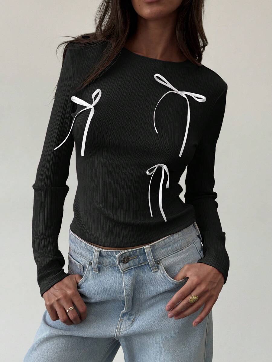 Aloruh Crew Neck Long Sleeve Basic Tee With Bow Ribbon Decor, For Autumn/Winter