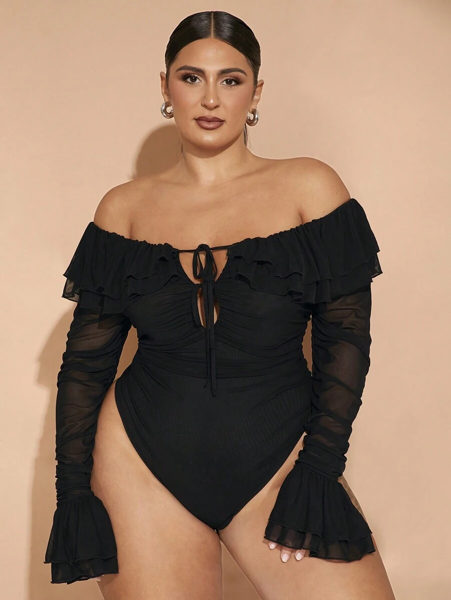 SHEIN BAE Plus Size Fall Elegant Going Out Sexy Party Woman Black Mesh Strapless Off Shoulder Ruffle Tube Top Sexy Front Center Tie Ruffle Cuffs Gathered Bodysuit Sweet Bodysuit Party Bodysuit Wedding Guest Bodysuit Halloween Outfit Christmas Outfit Birthday Party Outfit
