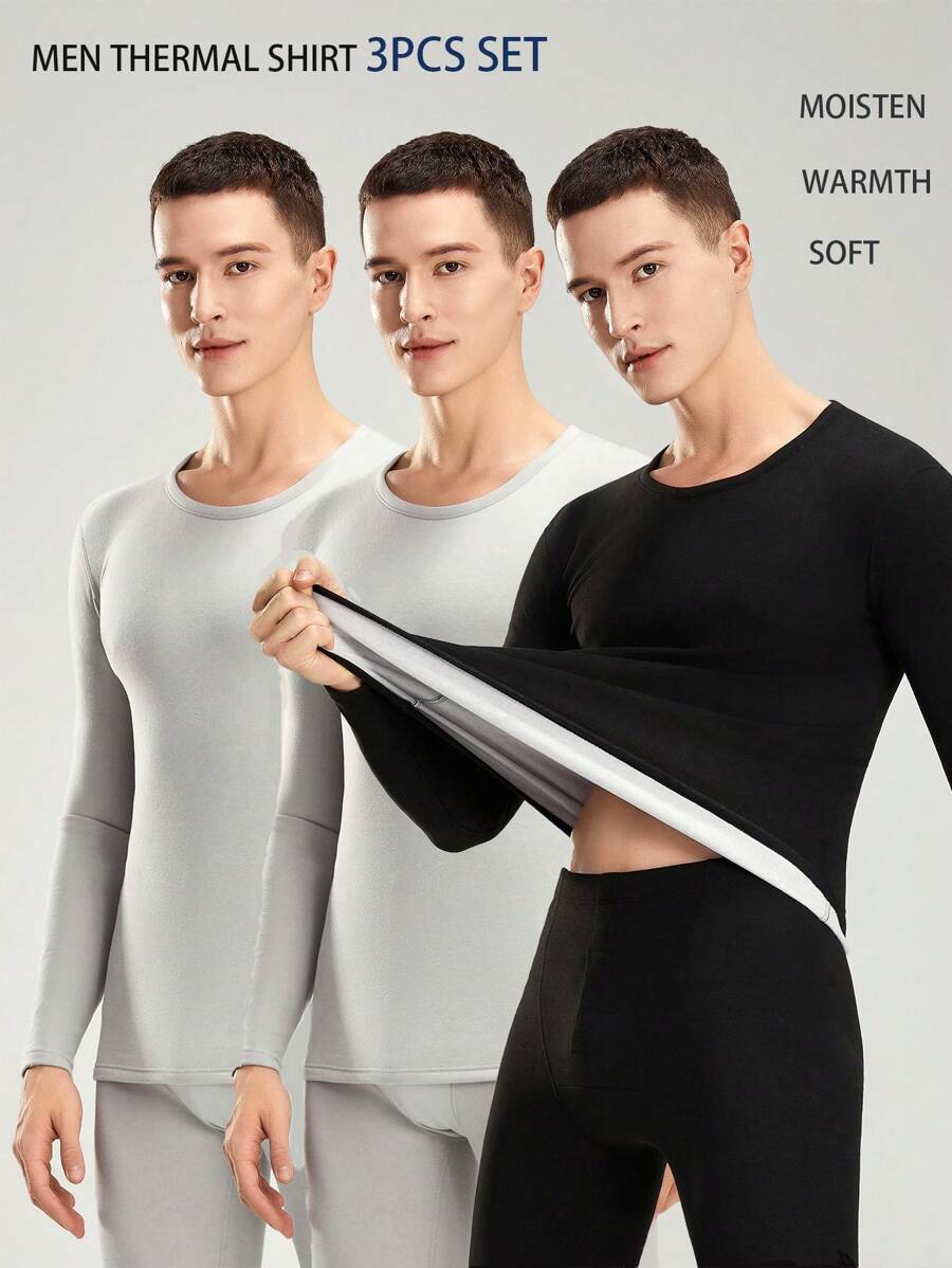 3pcs Men's Solid Color Long Sleeve Thermal Underwear Tops, Slim Fit, Autumn/Winter