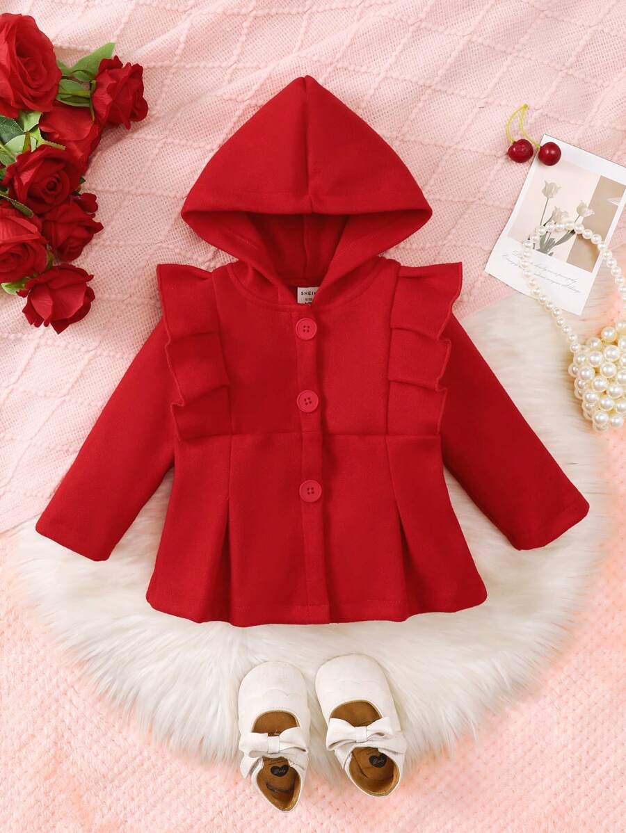 SHEIN Veste à capuche de Noël pour bébé fille avec ourlet à volants, rouge, hiver