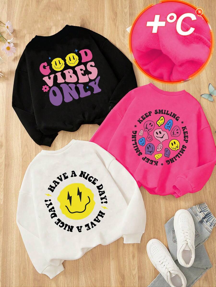 thegypsygoddess Set de 3 piezas para niña preadolescente: sudadera de cuello redondo con estampado gráfico de cara sonriente y eslogan, de ajuste holgado y forro térmico, apta para otoño/invierno, vacaciones, Año Nuevo, primavera