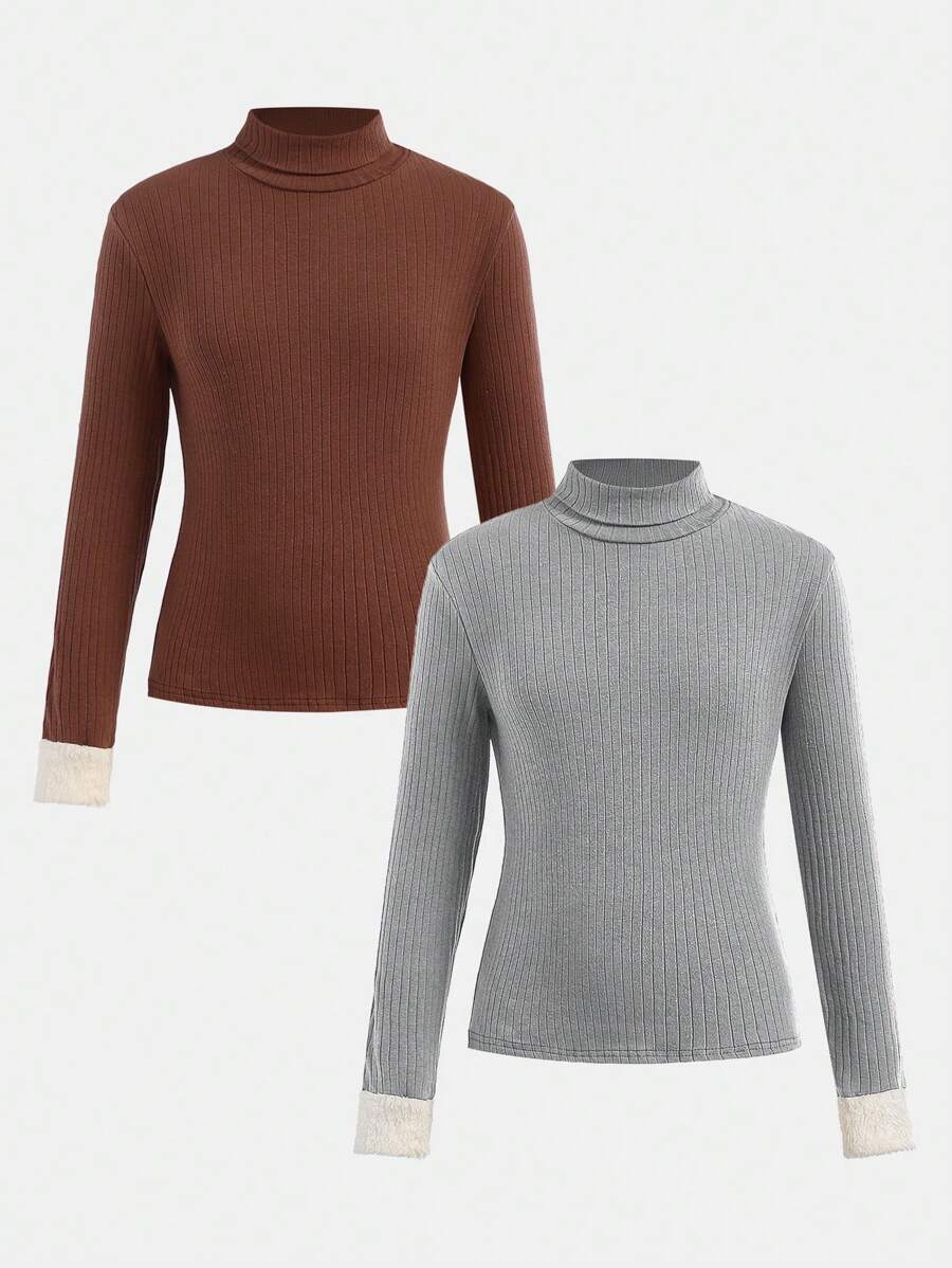 paquete múltiple de tops térmicos de cuello alto acanalados con contraste de color para niñas preadolescentes