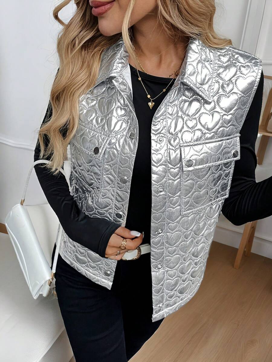 SHEIN LUNE Gilet veste mode avec poches utilitaires à motif cœur pour femmes, automne hiver