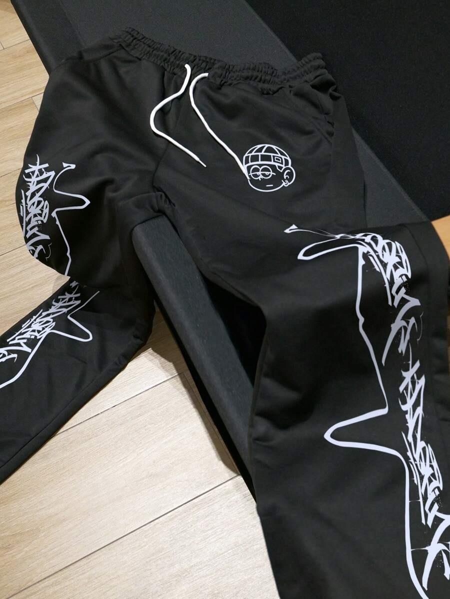 SHEIN Manfinity EMRG Men Solid Color Front Drawstring Print Casual Street Style Pants, Everyday Loose Trousers