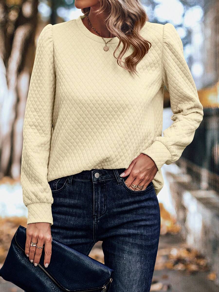 SHEIN LUNE Casual Solid Color Textured Puff Sleeve Sweatshirt, Autumn/Winter