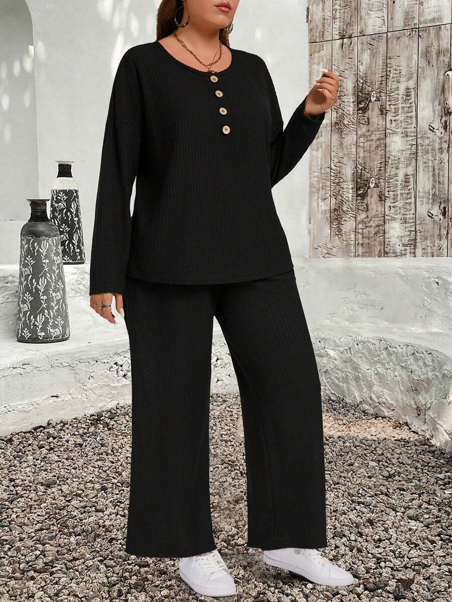 EMERY ROSE Plus Size Winterkleding Voor Vrouwen Vakantie-outfits Vrouw 2-delige Set Effen Kleur Lange Mouw Top En Lange Broek Casual Outfit