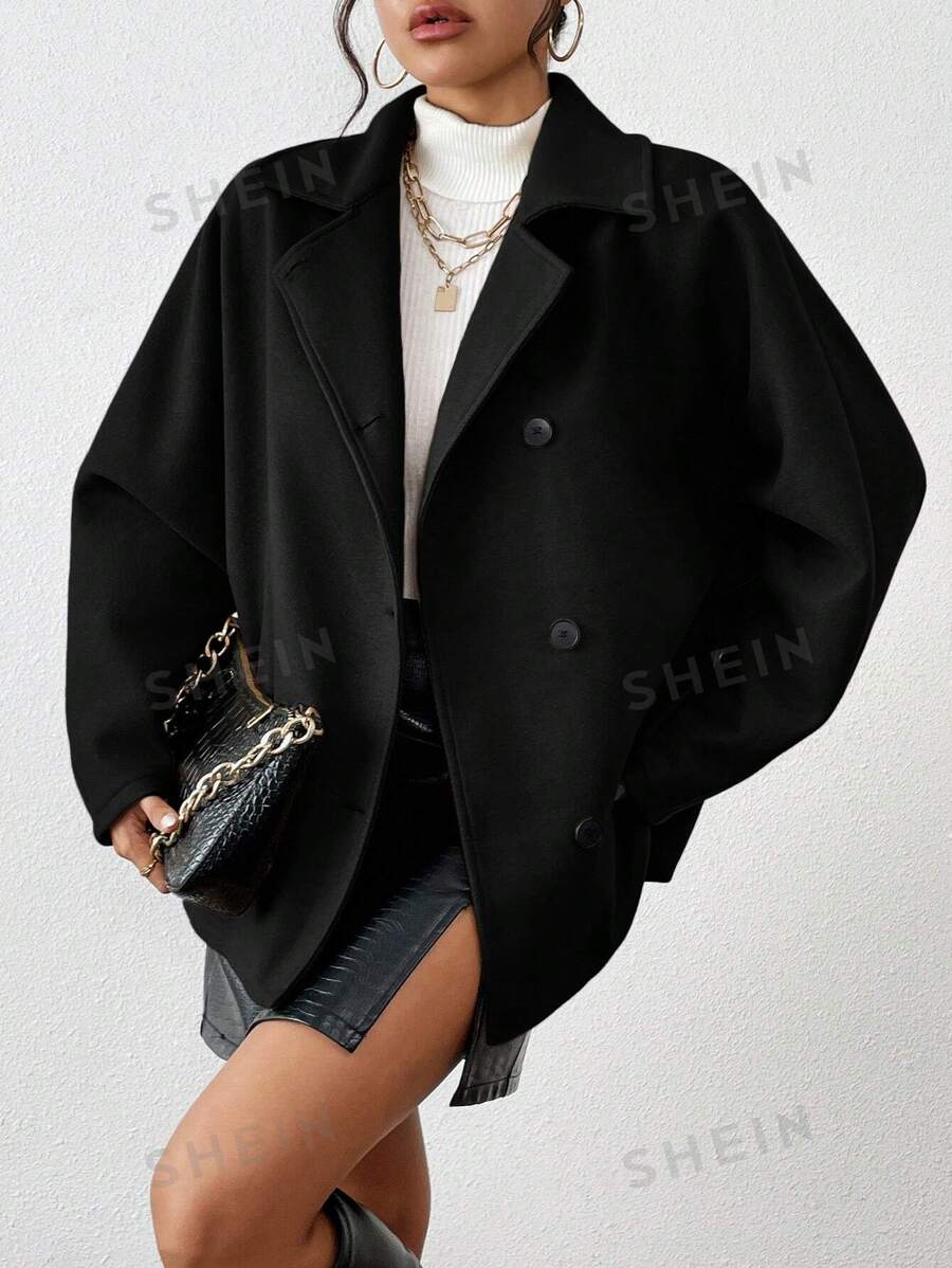 Calvaya Chaqueta holgada de manga de murciélago con un solo botón de estilo retro casual para mujer, abrigo negro de otoño