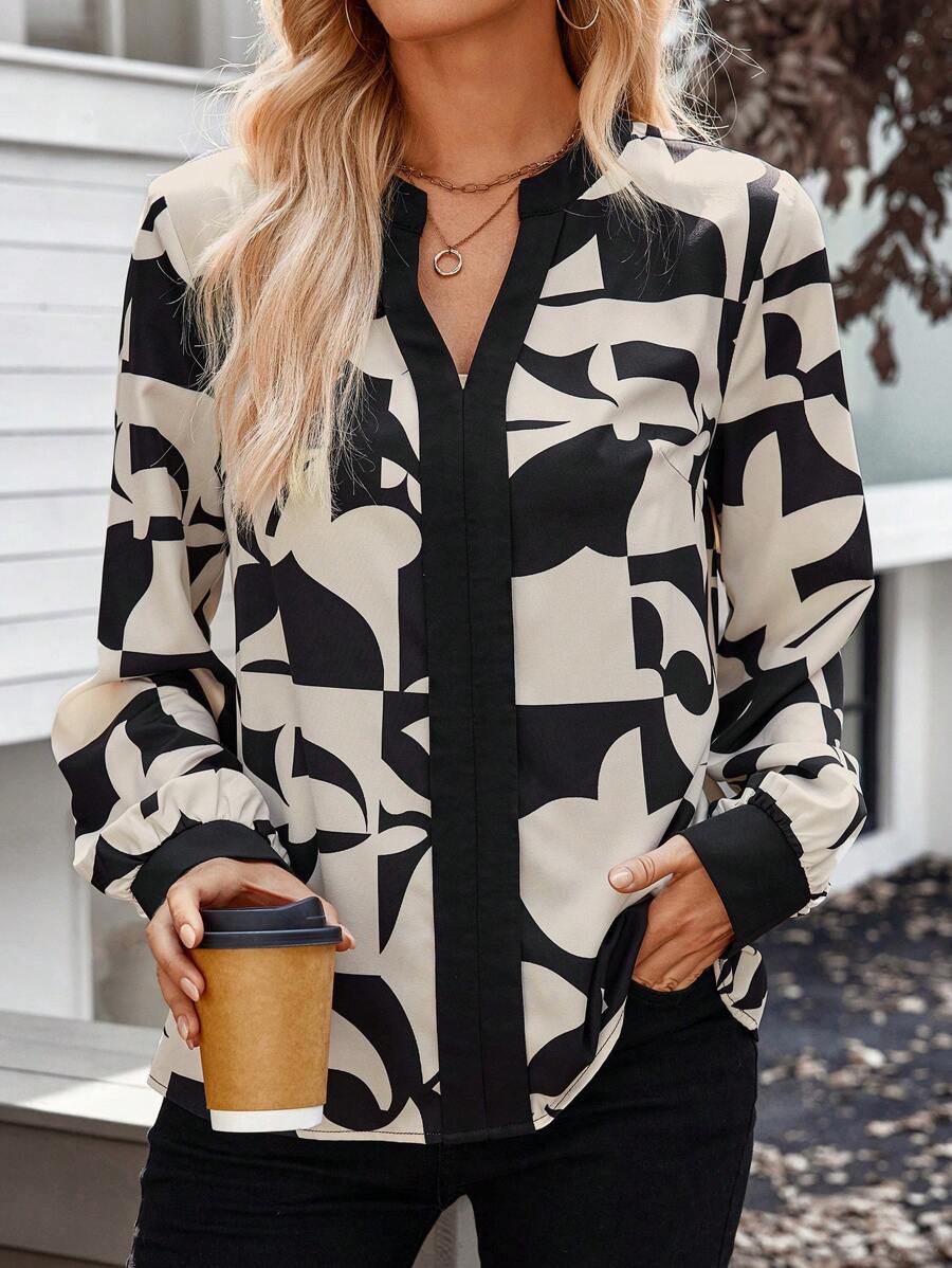 EMERY ROSE Dames V-hals Lange Mouw All-Over Print Minimalistische Casual Blouse, Voor Dagelijks Gebruik