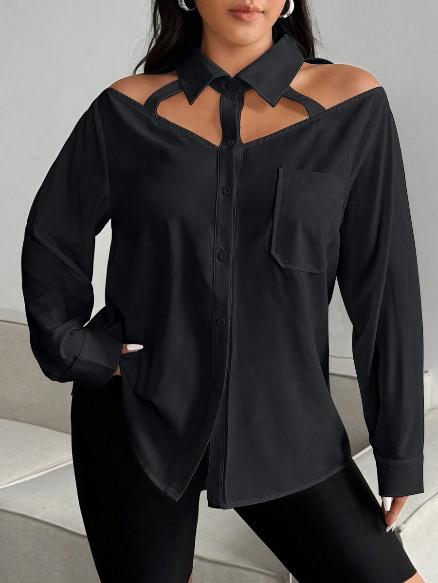 Flirla Plus Size Women Minimalist Style Long Sleeve Blouse, Multifunctional Hollow Fake Collar Top With Button Front And Open Shoulder Design Women Shirt